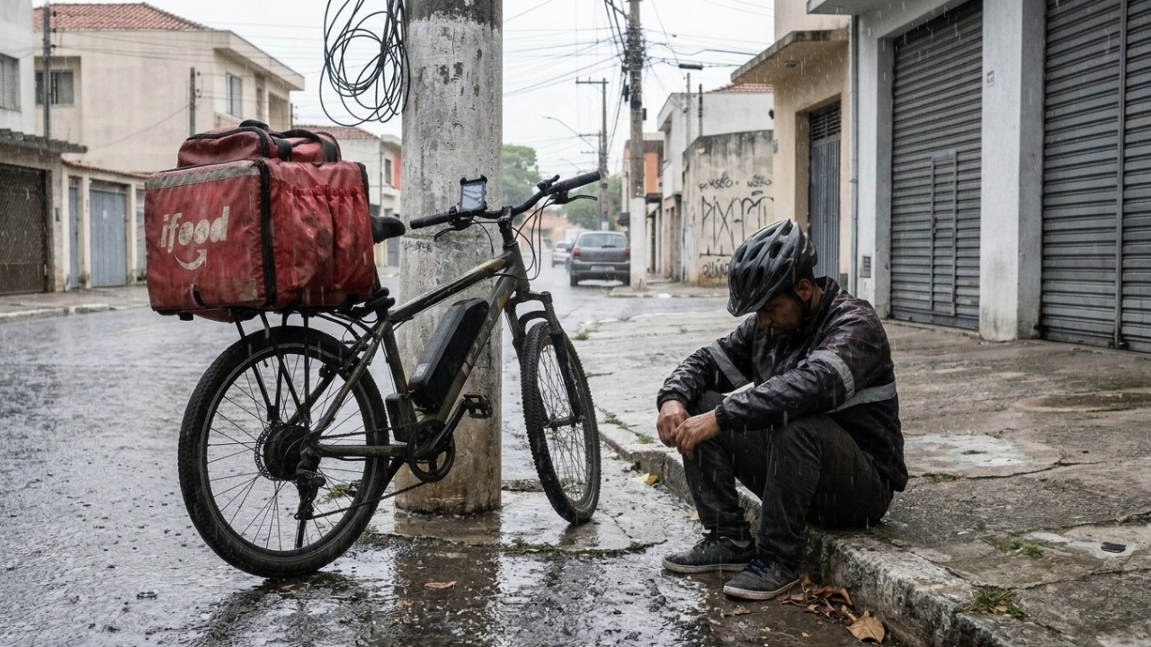 Entregador financia bicicleta elétrica de R$ 7 mil em 20x de R$ 420 para trabalhar com entregas no IFood, mas no primeiro temporal a bateria principal entra em curto