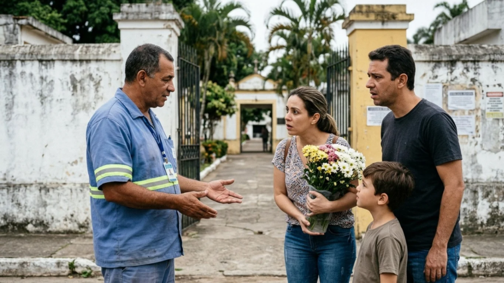 Família prepara vaso com água e flores para o túmulo no Dia de Finados e é barrada na entrada do cemitério: por que o vaso não pode entrar e qual é a regra que pouca gente conhece
