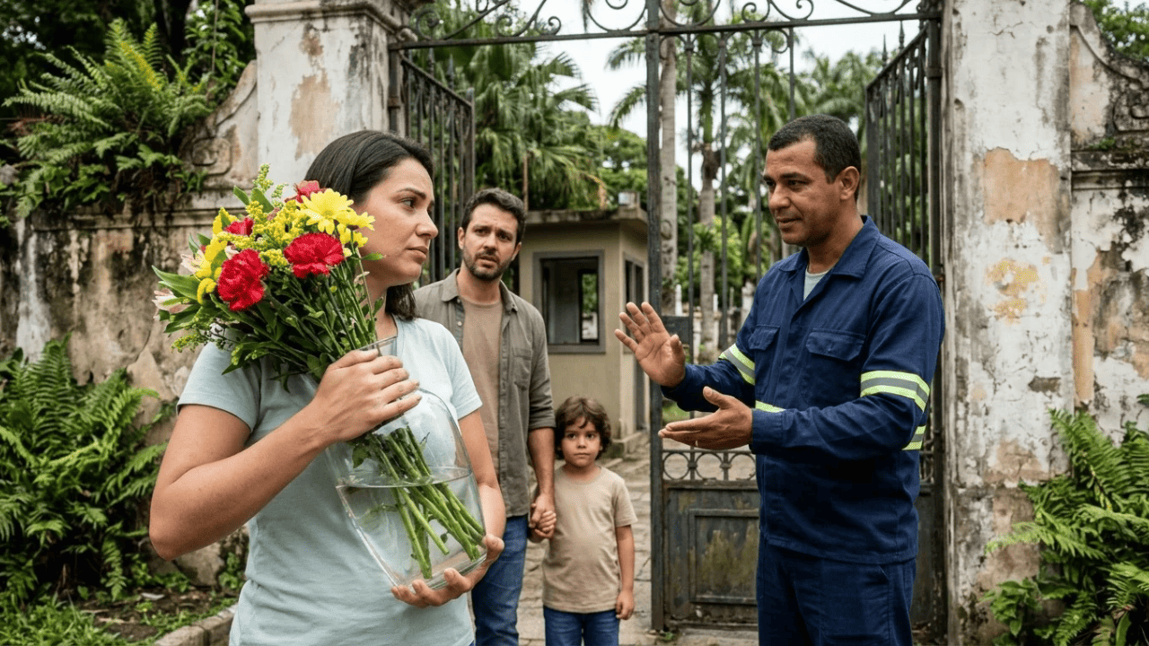 Família prepara vaso com água e flores para o túmulo no Dia de Finados e é barrada na entrada do cemitério: por que o vaso não pode entrar e qual é a regra que pouca gente conhece