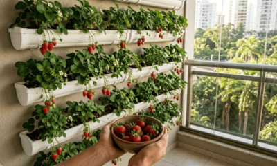 Morador instalou prateleiras de cano PVC na parede da varanda para plantar morangos na vertical e descobriu que colhe o ano inteiro sem ocupar nenhum espaço do chão do apartamento pequeno