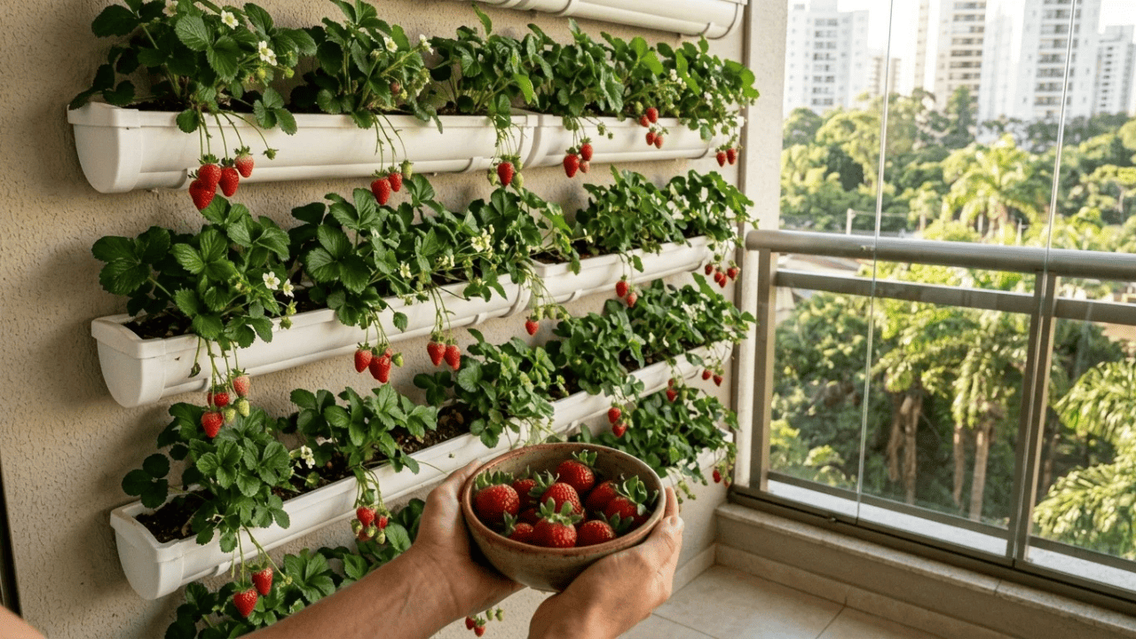 Morador instalou prateleiras de cano PVC na parede da varanda para plantar morangos na vertical e descobriu que colhe o ano inteiro sem ocupar nenhum espaço do chão do apartamento pequeno