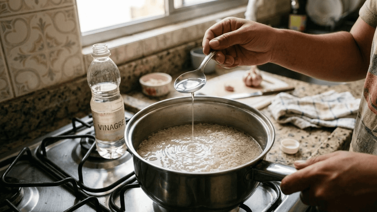 Colocar uma colher de vinagre ainda no preparo do arroz: para que serve o truque e por que é recomendado para quem costuma empapar o arroz