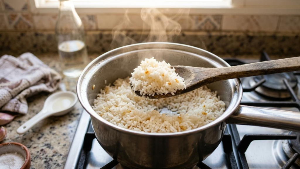 Colocar uma colher de vinagre ainda no preparo do arroz: para que serve o truque e por que é recomendado para quem costuma empapar o arroz