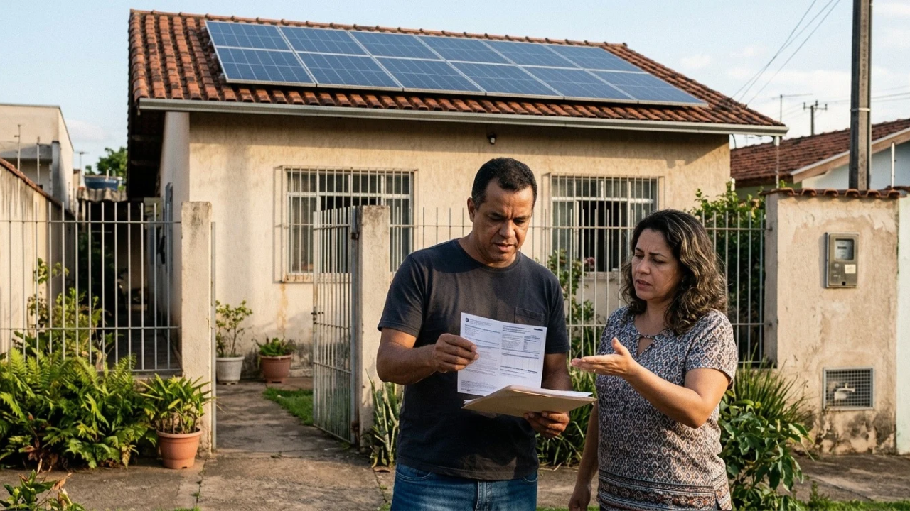 Casal financia painel solar de R$ 38 mil para reduzir a conta de luz, e, no terceiro mês, a nova regra de compensação cai pela metade a economia prometida