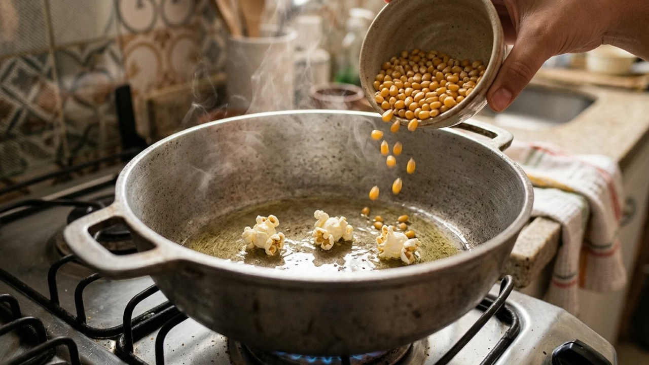 Chefs de cozinha concordam: para a pipoca estourar quase toda, coloque 3 grãos no óleo e só despeje o resto quando eles estourarem