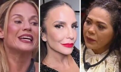 Três mulheres em close-up: Darlin Ferrattry loira, Ivete Sangalo de batom vermelho e Maíra Charken chorando.