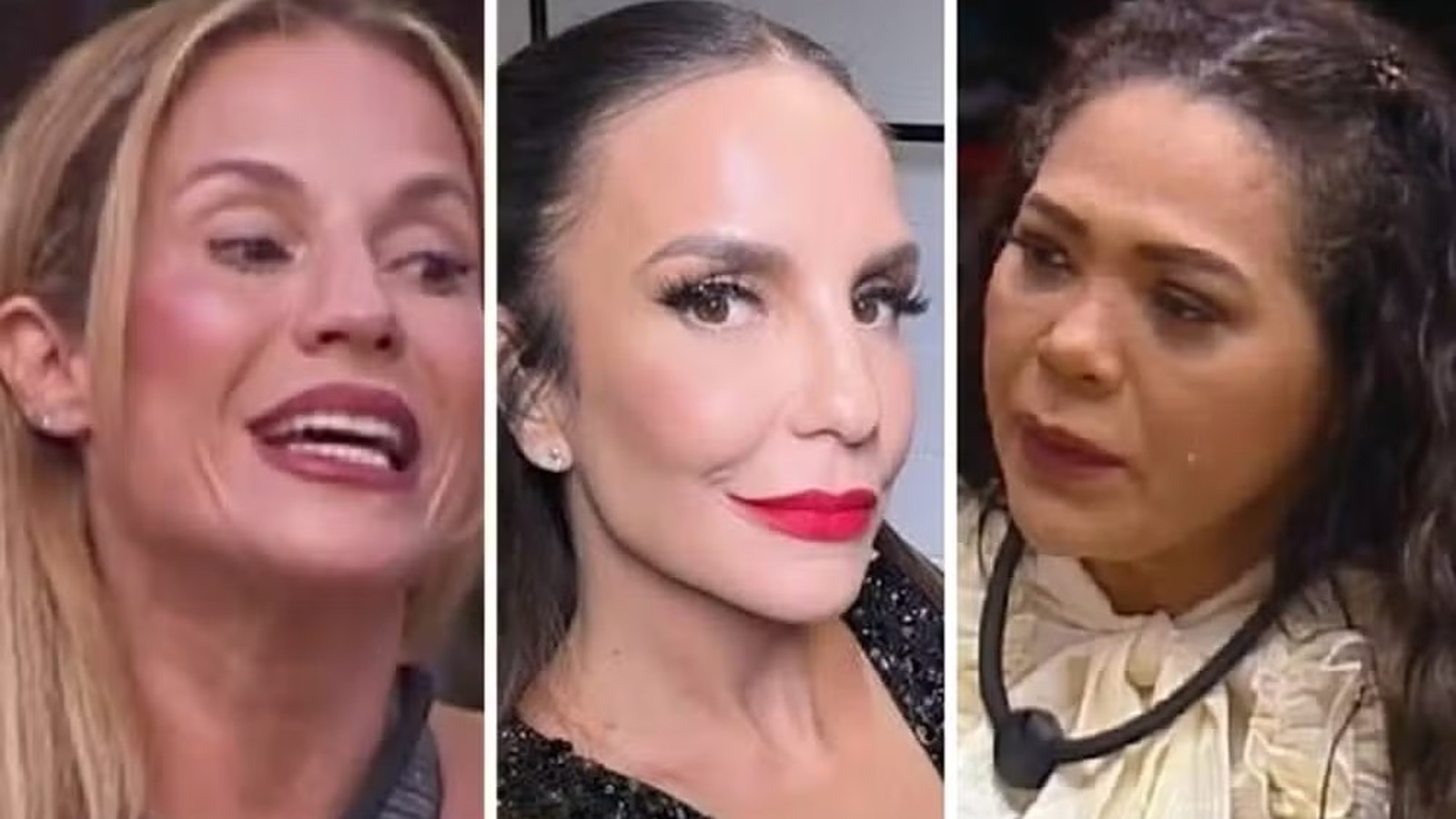 Três mulheres em close-up: Darlin Ferrattry loira, Ivete Sangalo de batom vermelho e Maíra Charken chorando.