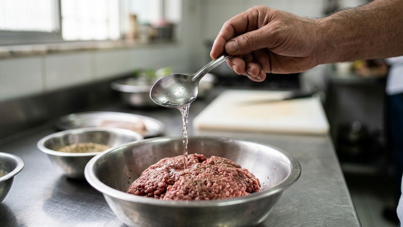Mão masculina despeja água de colher sobre carne moída em tigela de metal na cozinha