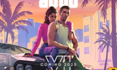 Arte de GTA VI com casal em carro, fundo de cidade ensolarada, palmeiras e texto