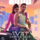 Arte de GTA VI com casal em carro, fundo de cidade ensolarada, palmeiras e texto