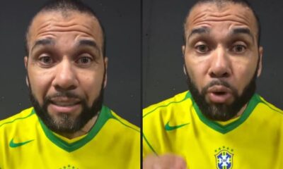 Duas imagens de Daniel Alves de barba, vestindo camiseta amarela da seleção brasileira, falando