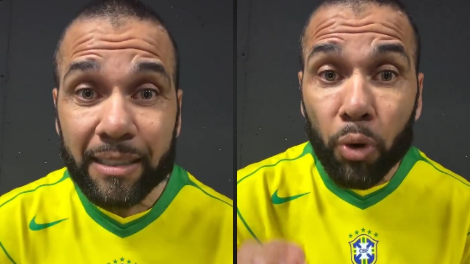 Duas imagens de Daniel Alves de barba, vestindo camiseta amarela da seleção brasileira, falando