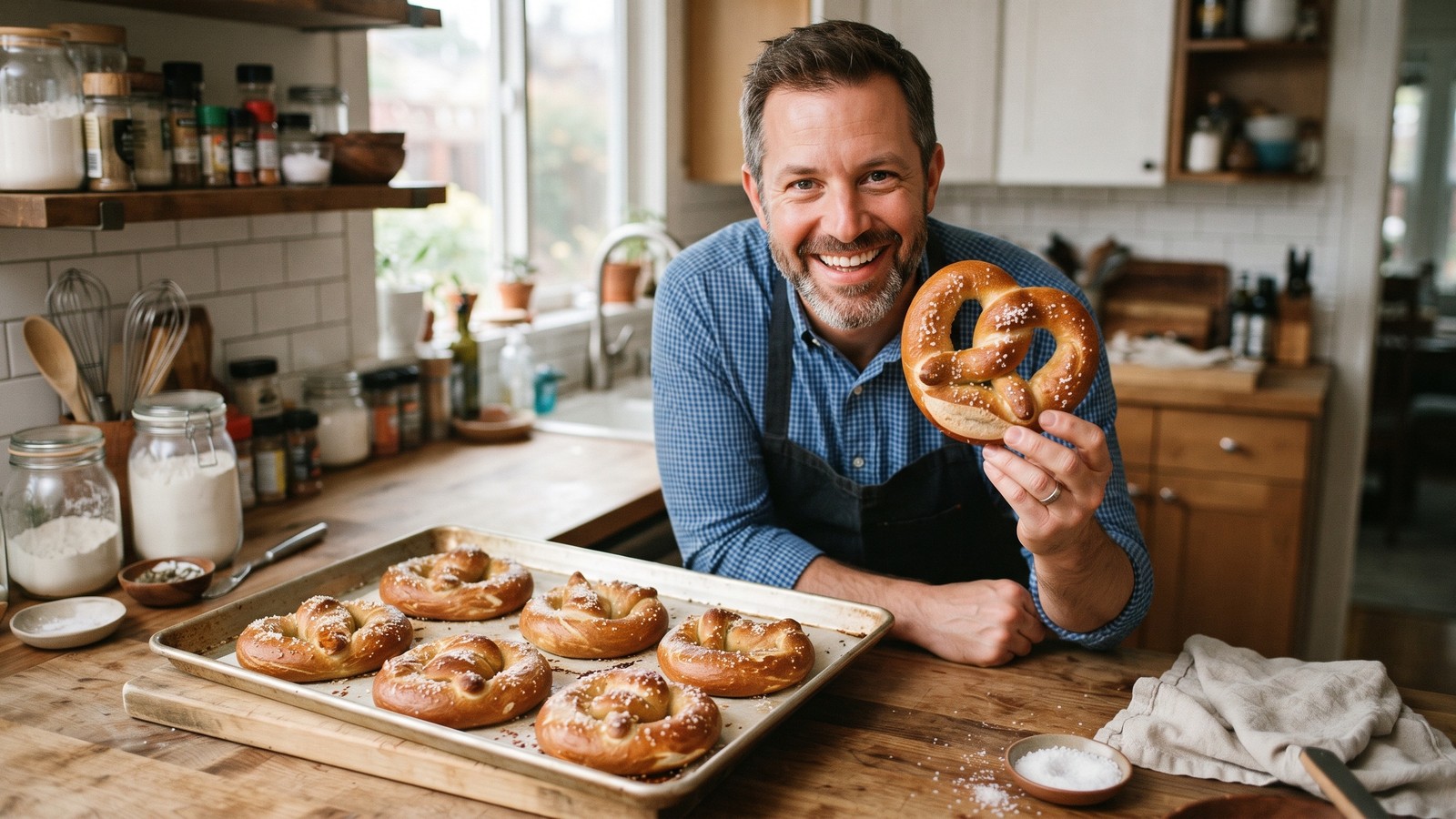 Homem sorridente na cozinha segura pretzel assado, com assadeira cheia de pretzels na bancada