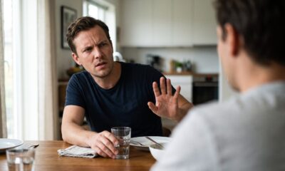 Homem com expressão séria e testa franzida faz gesto de "pare" com a mão para outro homem