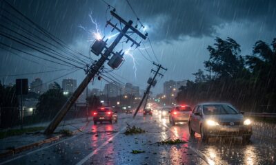 Rua sob forte chuva noturna com carros, postes de energia danificados, faíscas elétricas