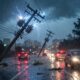 Rua sob forte chuva noturna com carros, postes de energia danificados, faíscas elétricas