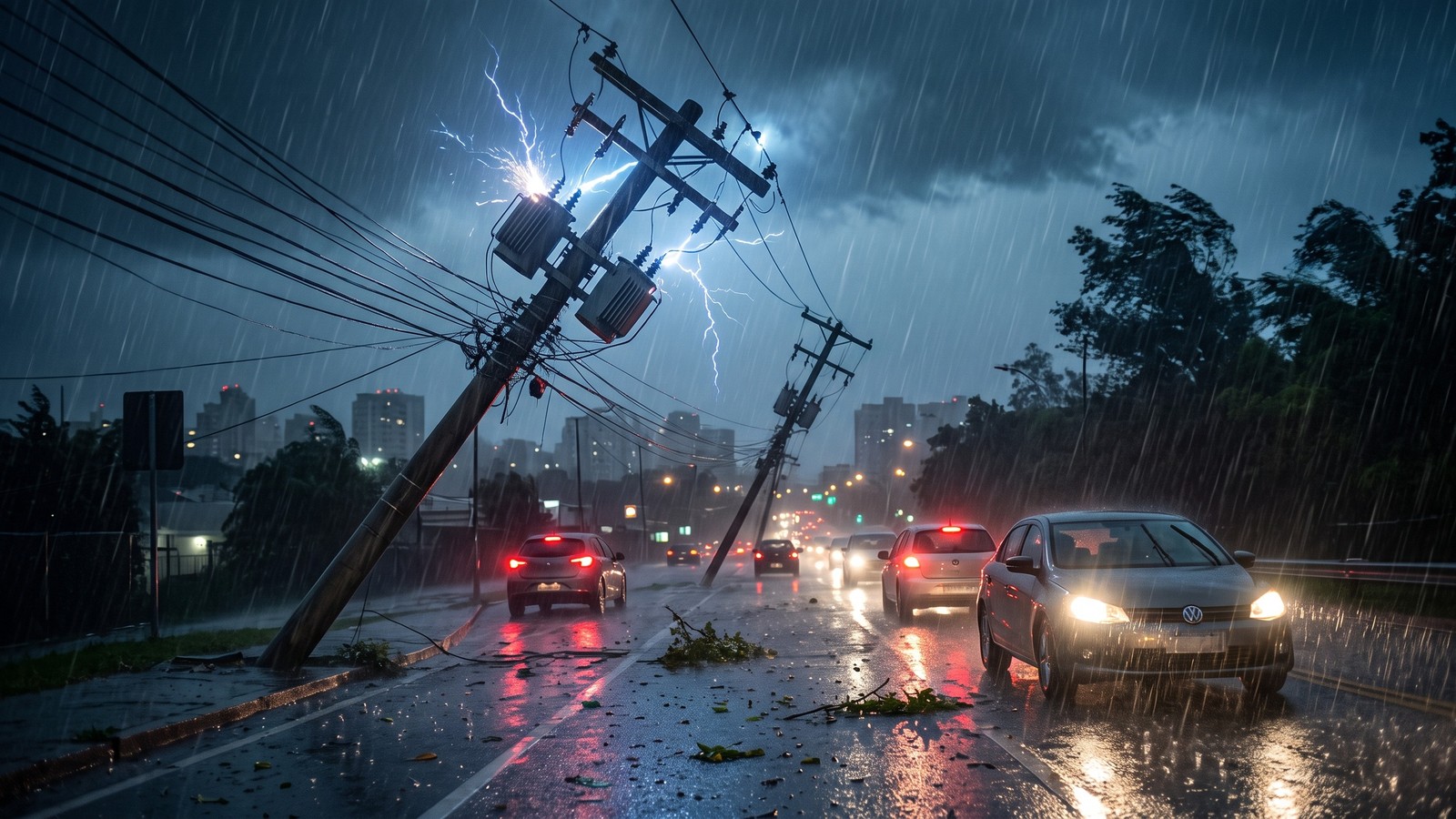Rua sob forte chuva noturna com carros, postes de energia danificados, faíscas elétricas