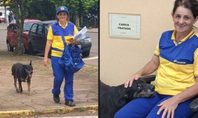 Mulher carteira Correios e cão preto, duas cenas: externa e interna com placa 'CARGA TRATADA'
