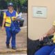 Mulher carteira Correios e cão preto, duas cenas: externa e interna com placa 'CARGA TRATADA'