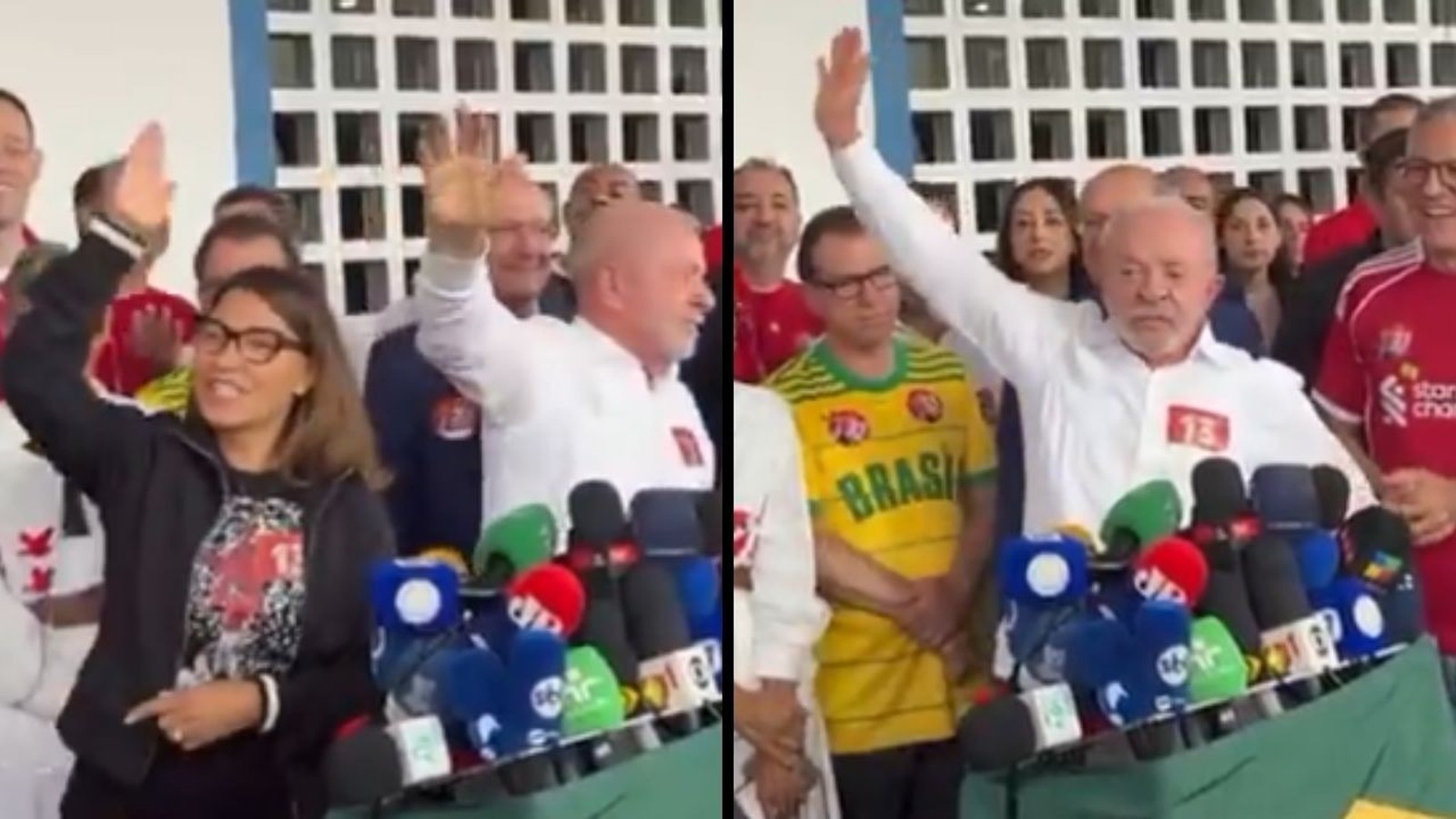 Lula e Janja acenam em coletiva com número 13 em camisas e microfones