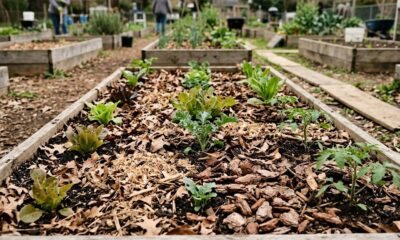 Canteiro de horta elevado com plantas jovens e solo coberto por folhas secas e lascas
