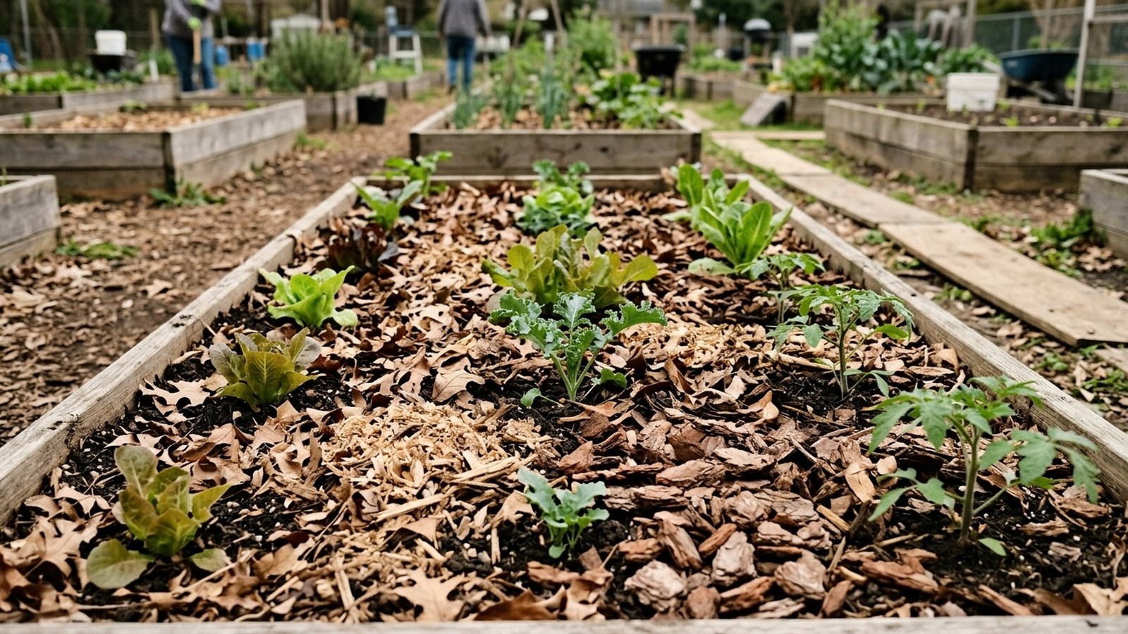 Canteiro de horta elevado com plantas jovens e solo coberto por folhas secas e lascas