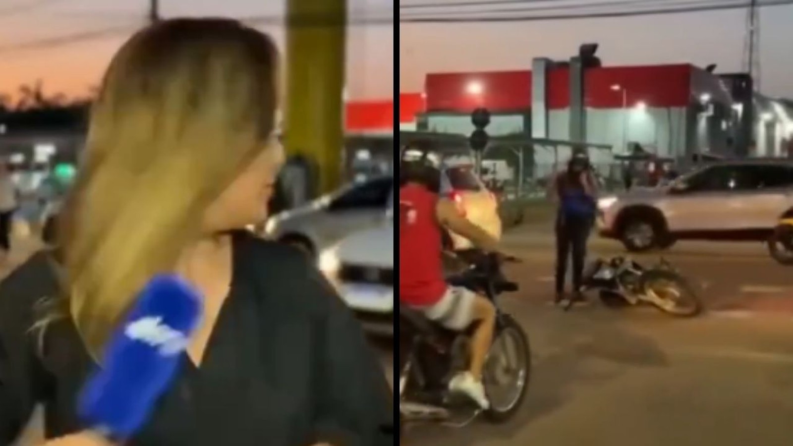 Tela dividida: repórter com microfone, cena noturna de acidente com moto caída e pessoas