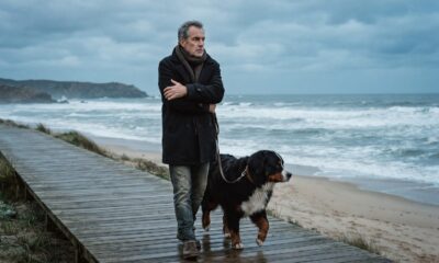 Homem de casaco, cão, caminha em passarela de madeira na praia com mar agitado