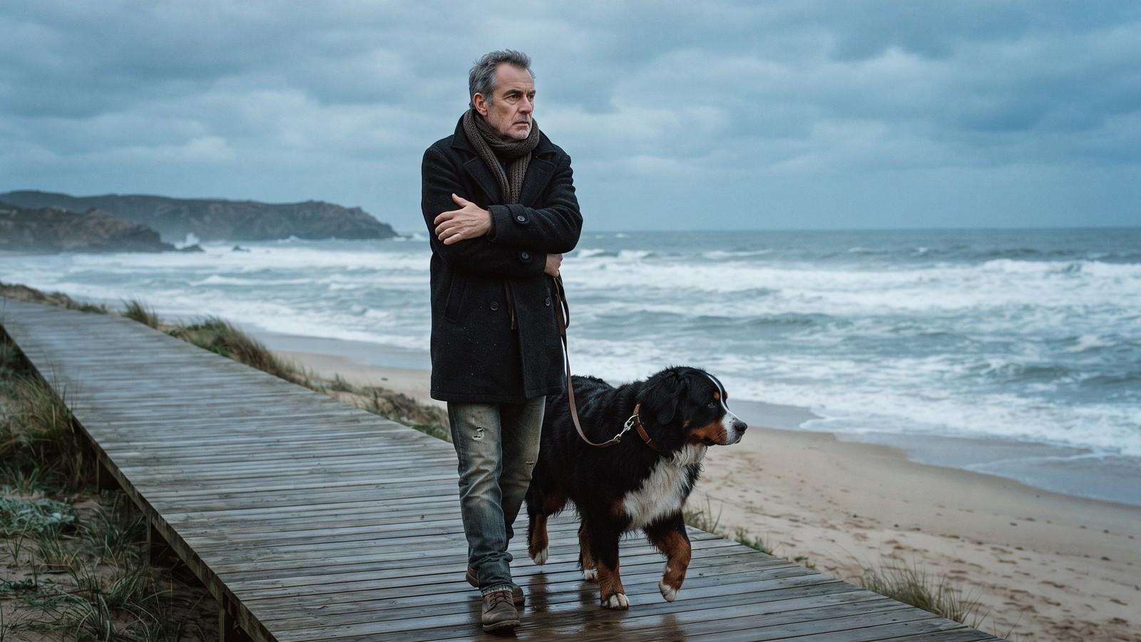 Homem de casaco, cão, caminha em passarela de madeira na praia com mar agitado