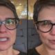 Duas fotos de mulher de cabelo curto e óculos escuros. Olhos marejados, boca entreaberta, falando