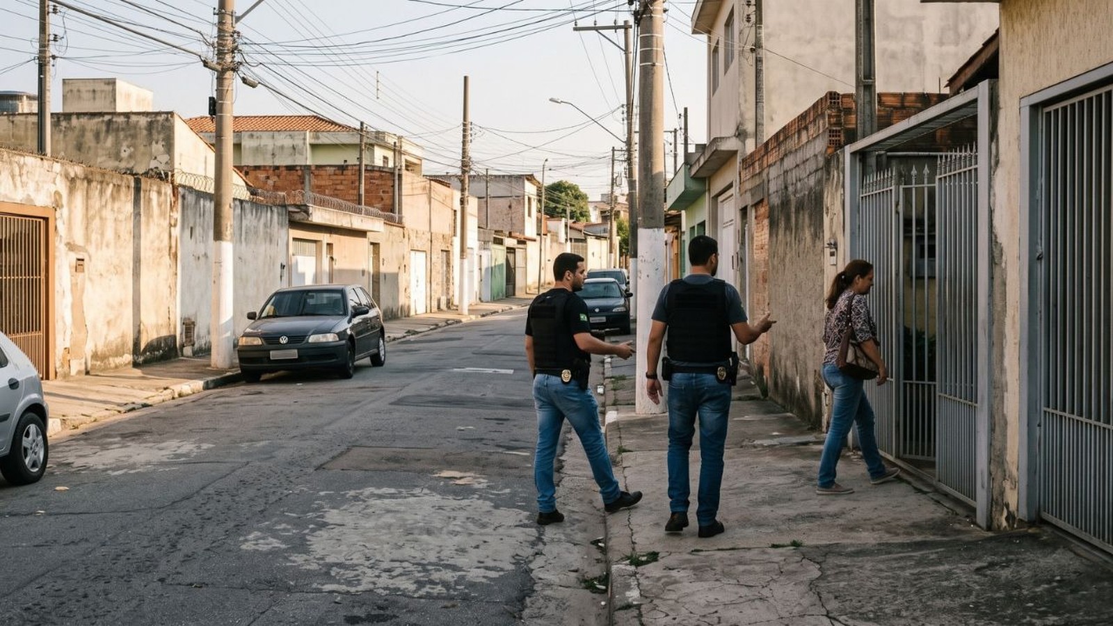 Homens de coletes e mulher em frente a portão de casa em rua