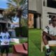 Dois homens em frente a mansões modernas com piscinas e jardins