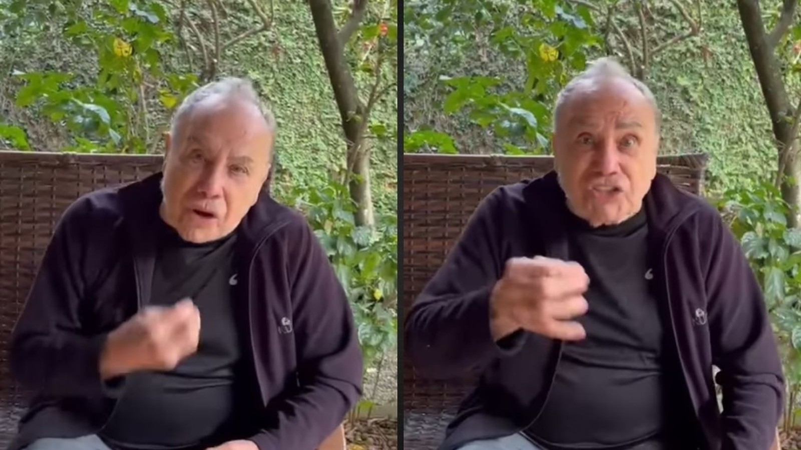 Homem idoso, Stenio Garcia, gesticula expressivamente em vídeo, usando blusa preta, fundo verde