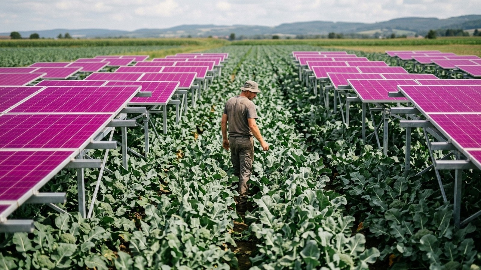 Homem de chapéu caminha por plantação de brócolis entre painéis solares magenta elevados