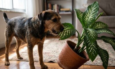 Cachorro de pelagem marrom e preta morde uma folha de planta em um vaso caído