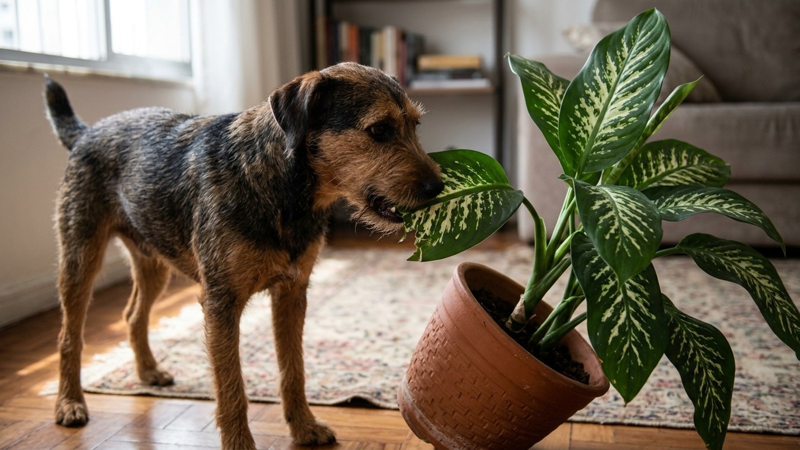 Cachorro de pelagem marrom e preta morde uma folha de planta em um vaso caído