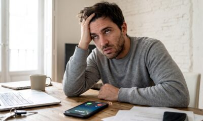 Homem cansado com mão na cabeça olhando celular com chamada de 'Amore' na tela sobre mesa