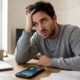 Homem cansado com mão na cabeça olhando celular com chamada de 'Amore' na tela sobre mesa