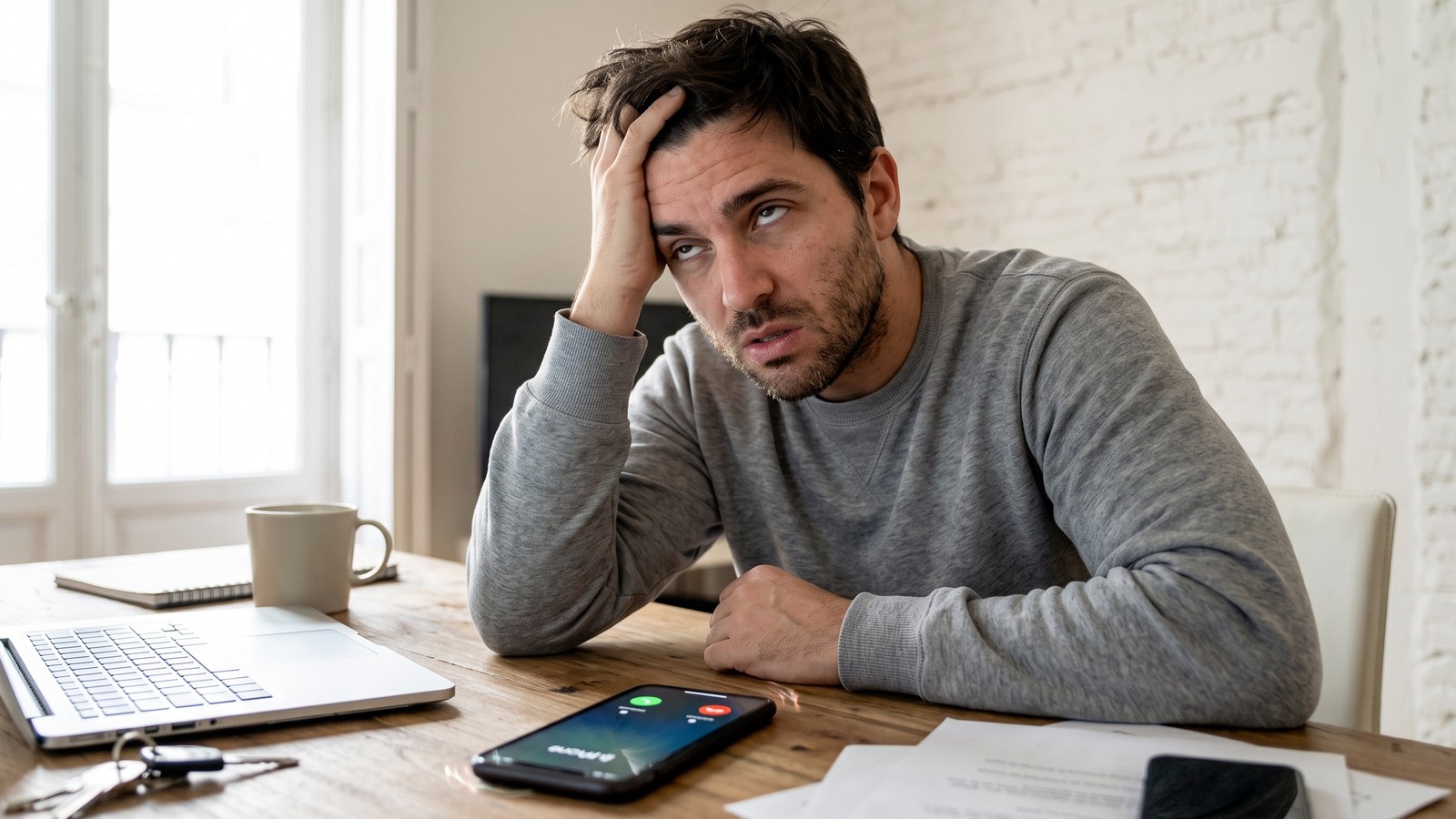 Homem cansado com mão na cabeça olhando celular com chamada de 'Amore' na tela sobre mesa