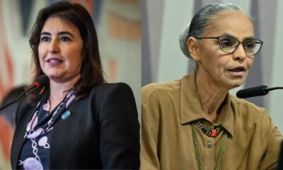 Close-up de Simone Tebet e Marina Silva, ambas falando em microfones
