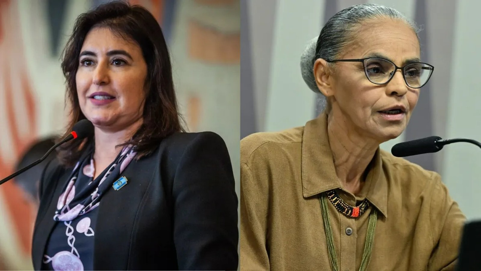 Close-up de Simone Tebet e Marina Silva, ambas falando em microfones