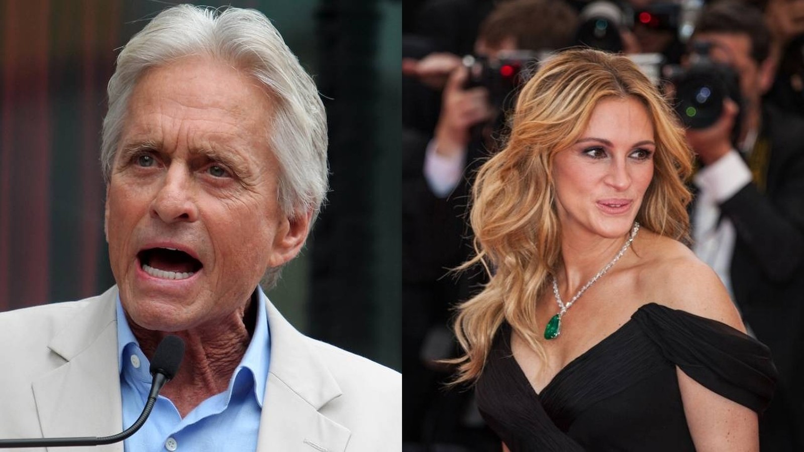 Michael Douglas, cabelos brancos, falando ao microfone e Julia Roberts, cabelo loiro, usando colar de esmeralda