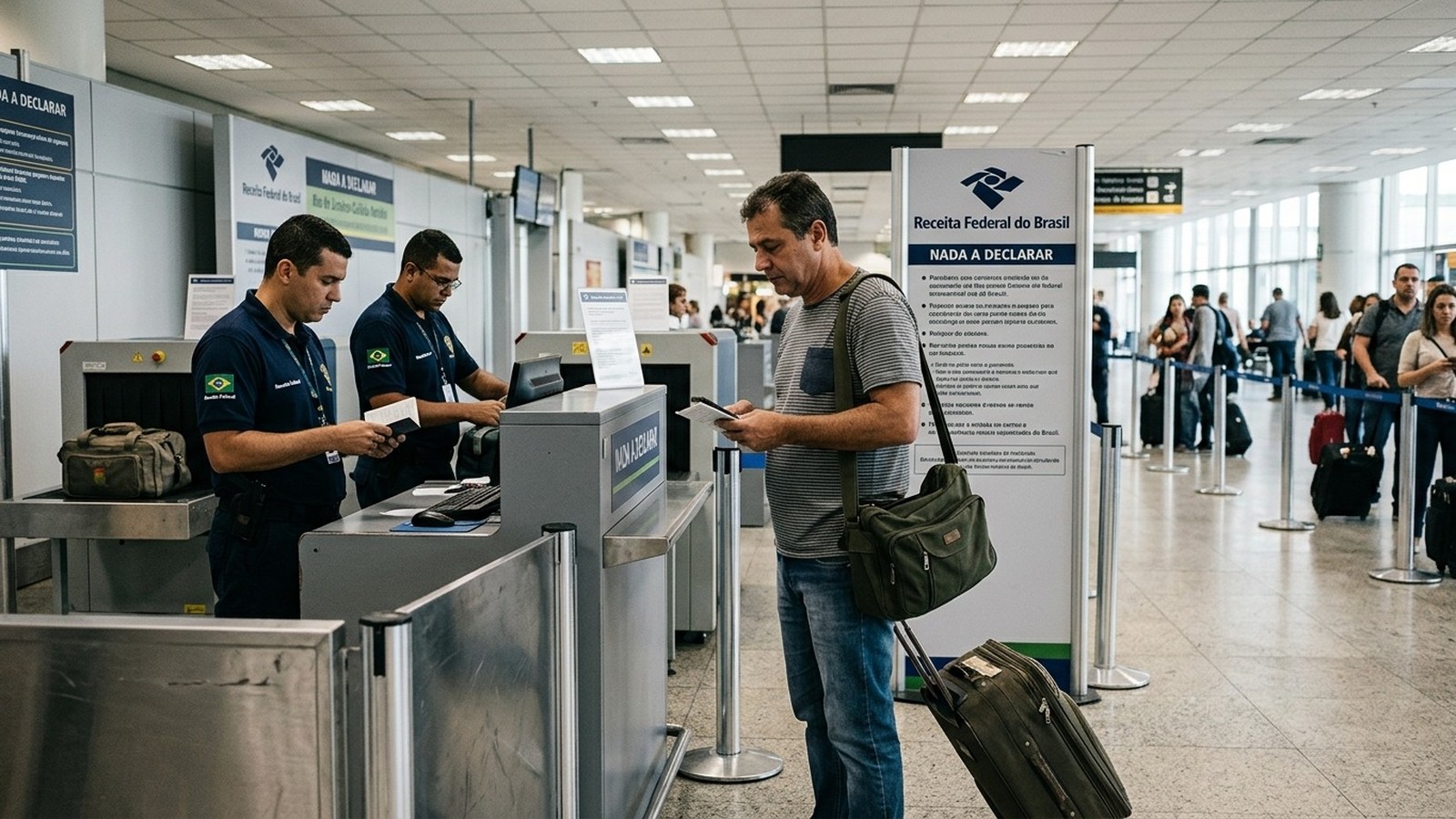 Funcionários da Receita Federal e passageiro com bagagem em área de declaração de bens em aeroporto