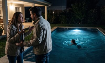 Mulher e homem discutem intensamente à beira da piscina, onde uma criança nada sozinha à noite.