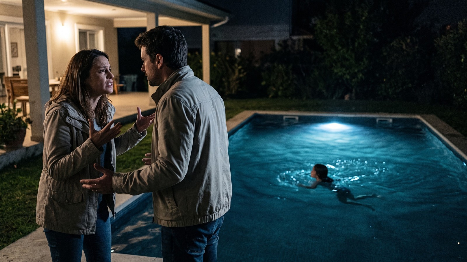 Mulher e homem discutem intensamente à beira da piscina, onde uma criança nada sozinha à noite.