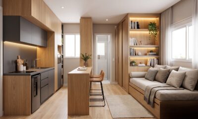 Apartamento pequeno com cozinha, bancada e sala integradas, móveis planejados em madeira e cinza