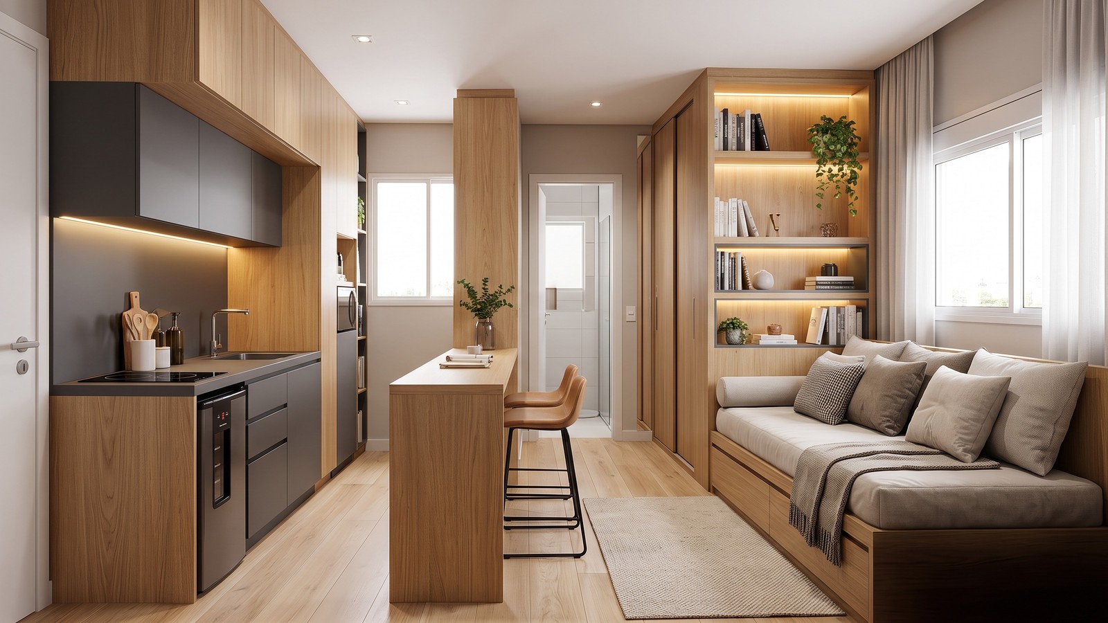 Apartamento pequeno com cozinha, bancada e sala integradas, móveis planejados em madeira e cinza