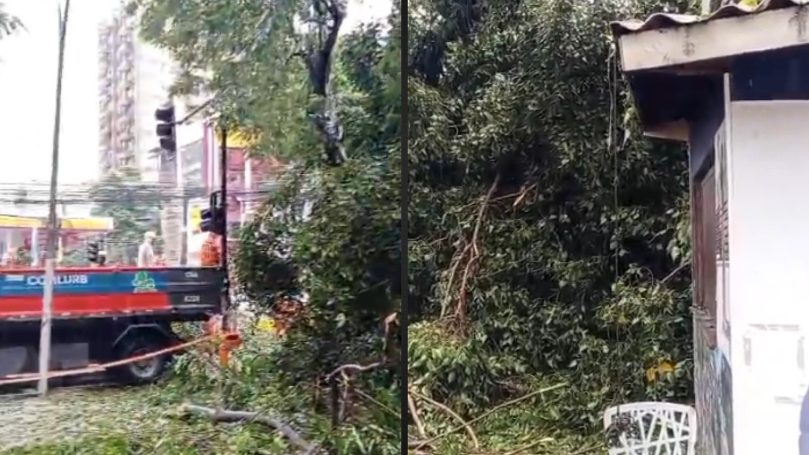 Caminhão da Comlurb remove galhos de árvore caída perto de quiosque destruído
