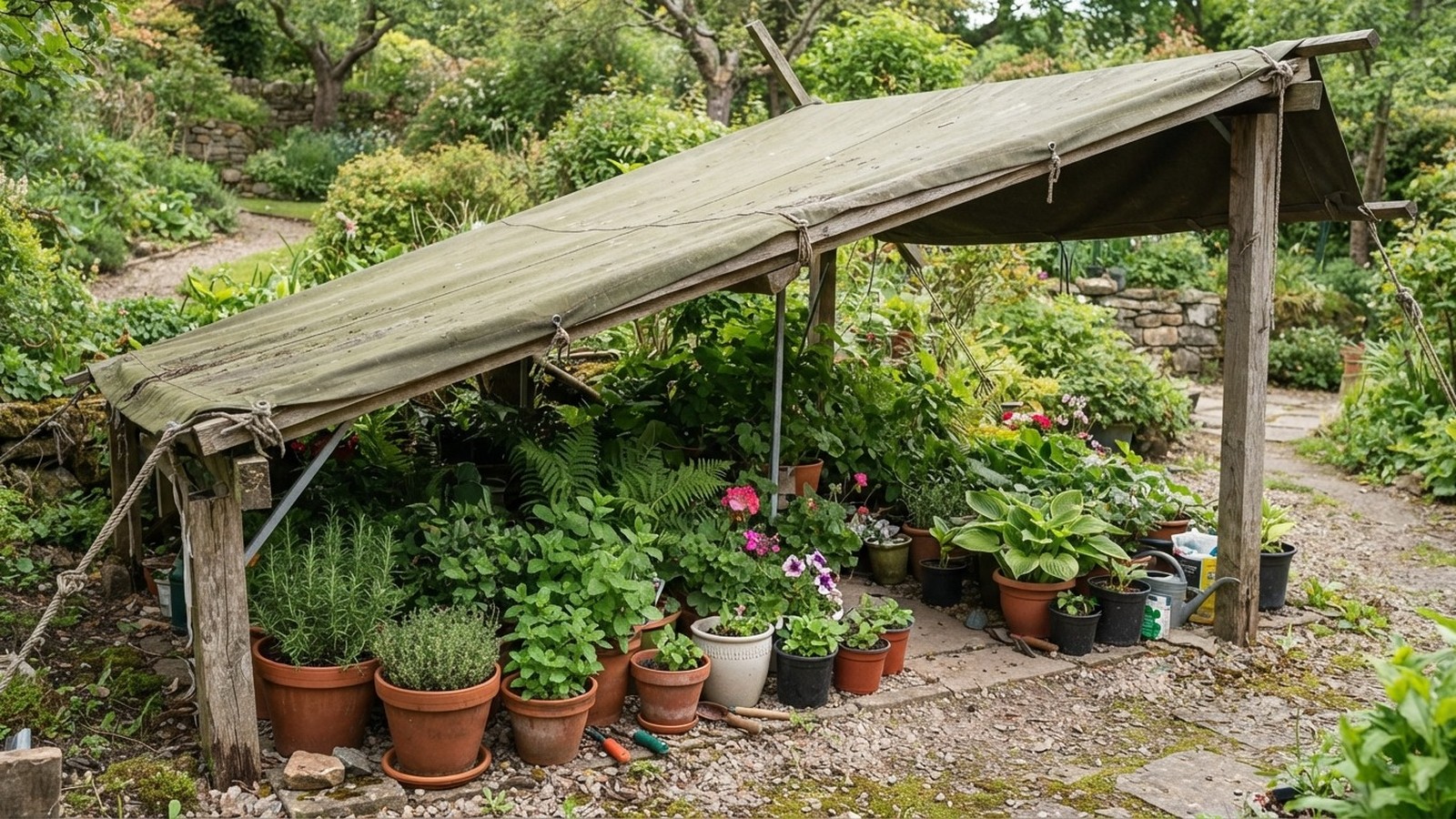 Abrigo inclinado de lona verde e madeira protege muitos vasos de plantas no jardim