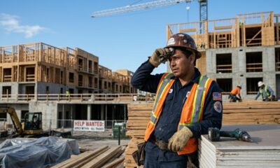 Homem trabalhador da construção civil secando o suor em canteiro com prédios e placa 'HELP WANTED'